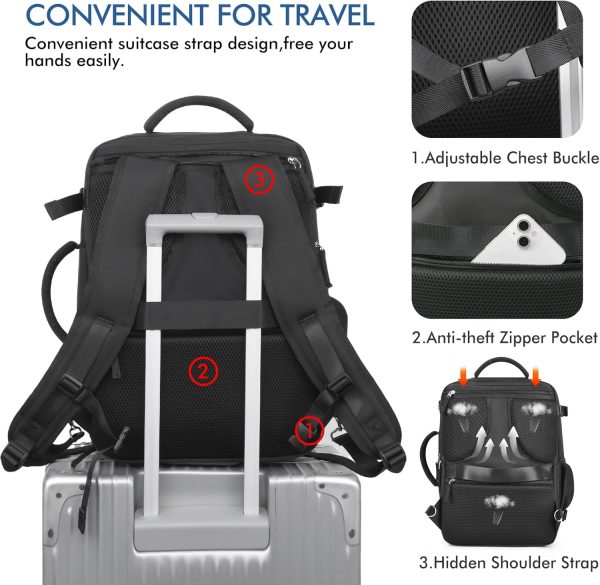 Beraliy Travel Backpack for Men Women, Large Carry On Backpack, Personal Item Bag Airline Approved, 17 inch Laptop Backpack, Business Work Gym Weekender Bag, Black - Image 6