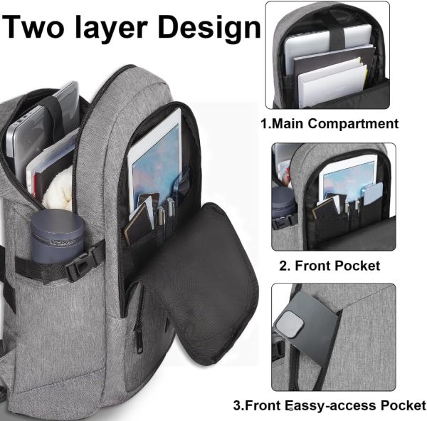 Mancro Laptop Backpack for Travel, Anti-theft Laptop Backpack for Men Business Backpack Work Daypack with USB Charging Port & Lock, Water Resistant Travel Computer Bag Daypack, Grey - Image 2
