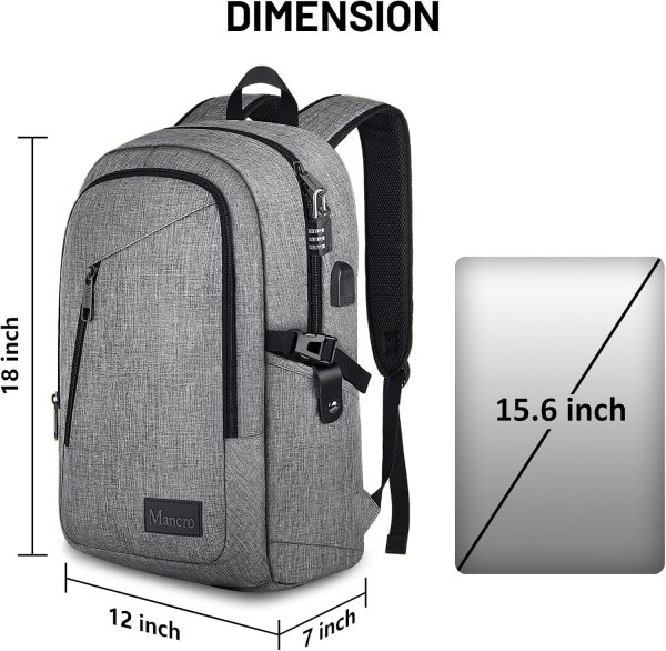 Mancro Laptop Backpack for Travel, Anti-theft Laptop Backpack for Men Business Backpack Work Daypack with USB Charging Port & Lock, Water Resistant Travel Computer Bag Daypack, Grey - Image 5