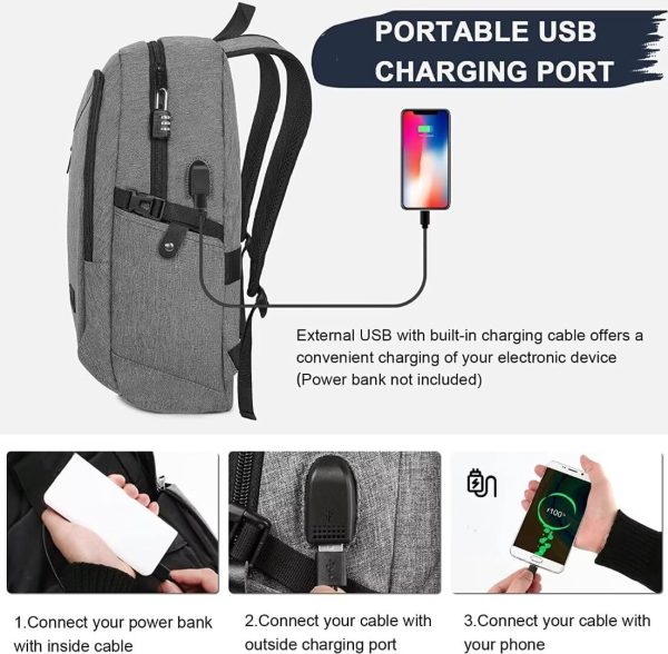 Mancro Laptop Backpack for Travel, Anti-theft Laptop Backpack for Men Business Backpack Work Daypack with USB Charging Port & Lock, Water Resistant Travel Computer Bag Daypack, Grey - Image 6