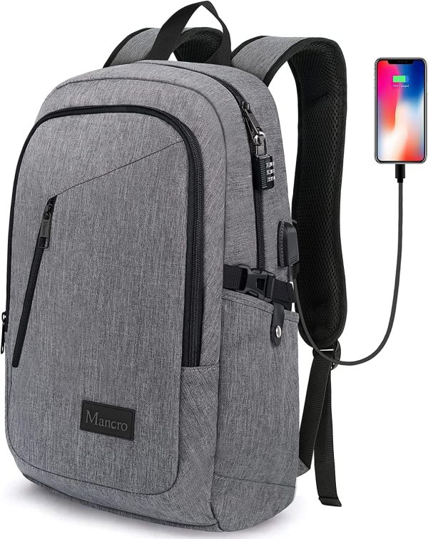 Mancro Laptop Backpack for Travel, Anti-theft Laptop Backpack for Men Business Backpack Work Daypack with USB Charging Port & Lock, Water Resistant Travel Computer Bag Daypack, Grey - Image 8